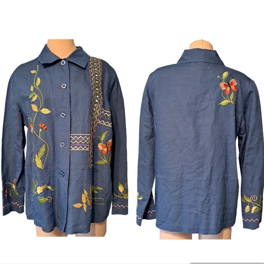 Susan Graver Grannycore Embroidered Linen Floral Butterfly Top Medium Blue/Multi